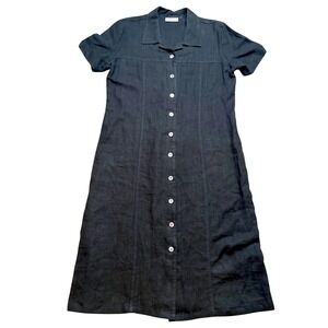 VTG 100% Linen Match Black Button Front Midi Dress Shirt Dress Lagenlook Coastal